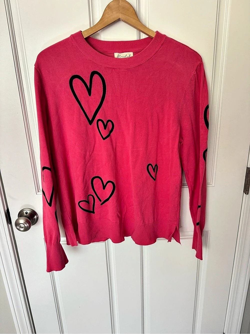 Marled Heart Print Crewneck Sweater Pink XL